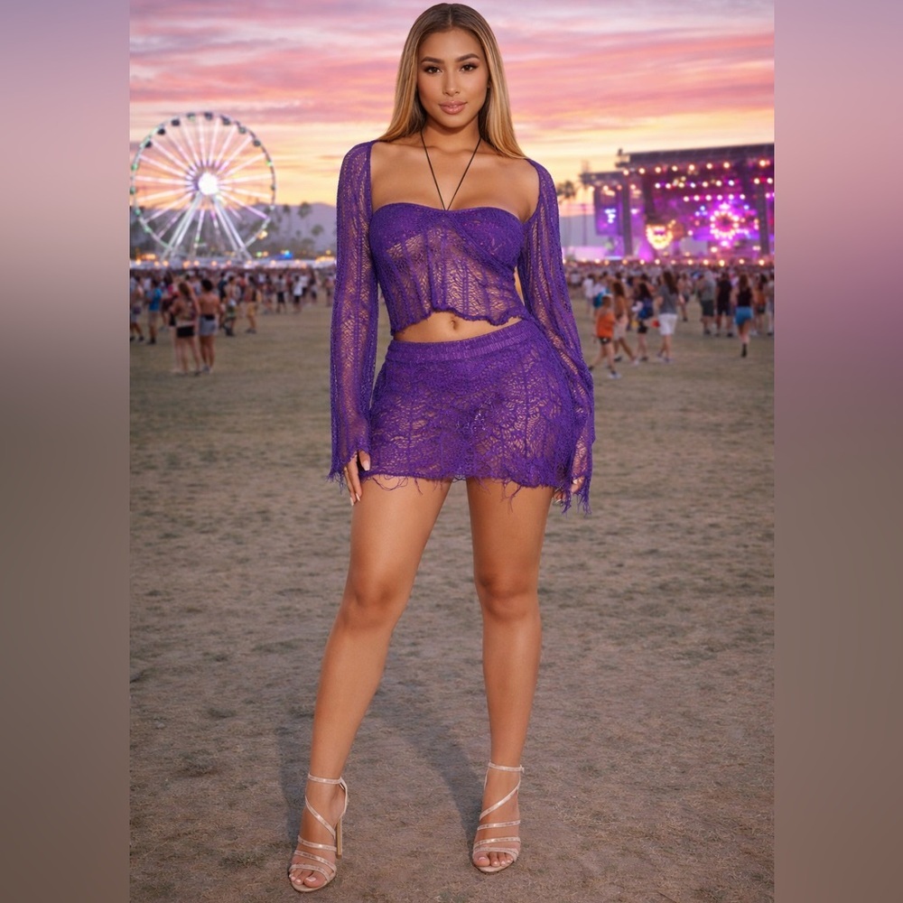 Fairy core 3PC Purple Crochet Set M Festival W Y2K Distressed Crop Top Skirt